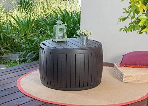 Keter Circa 37 Gallon Round Deck Box, Patio Table for Outdoor Cushion Storage, Brown