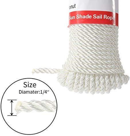 COCONUT Sun Shade Sail Heavy Duty Outdoor UV Block 100% Polyester White Long Rope 1/4 Inch 50 Feet