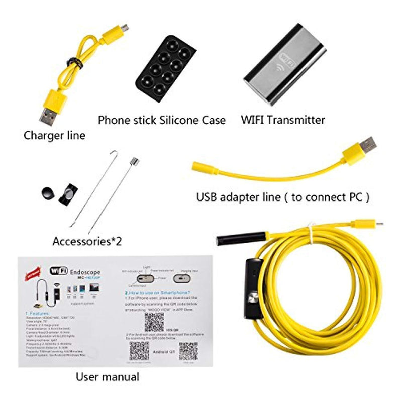 WiFi Endoscope,Wireless Borescope Waterproof 2.0 Megapixels HD Camera with 3.8M Yellow Snake wire with Micro USB,OTG Function for Android,IOS Smartphone,iPad,Samsung Pad,Tablet PC,Laptop