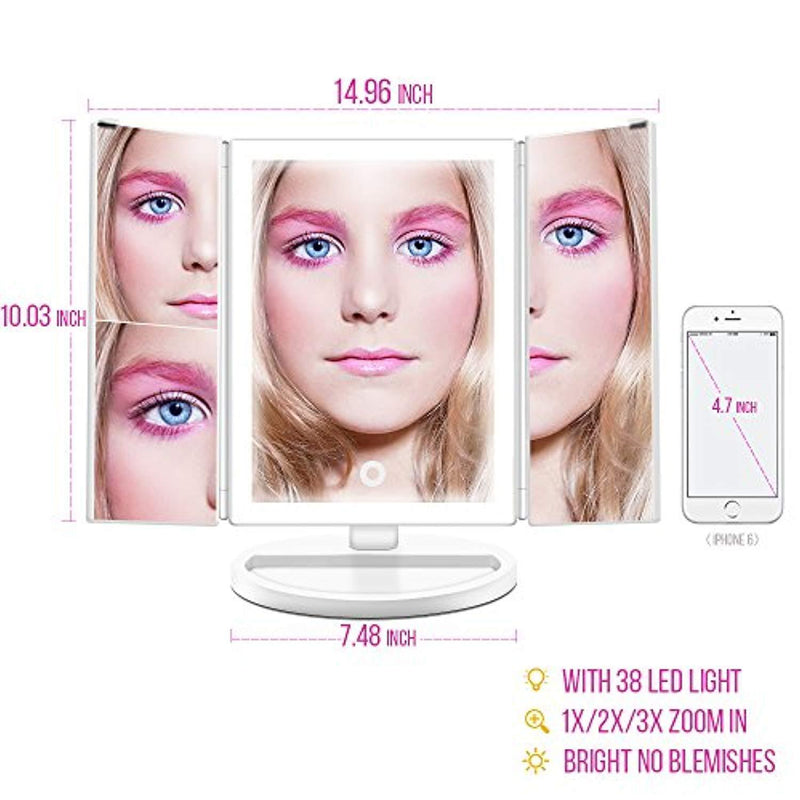 Mckbane Trifold Lighted Vanity Makeup Mirror, 3X/2X/1X Magnification Mirror with 4 Sides 38 Led Lights Touch Screen 180°Adjustable Rotation Dual Power Supply Countertop Mirror