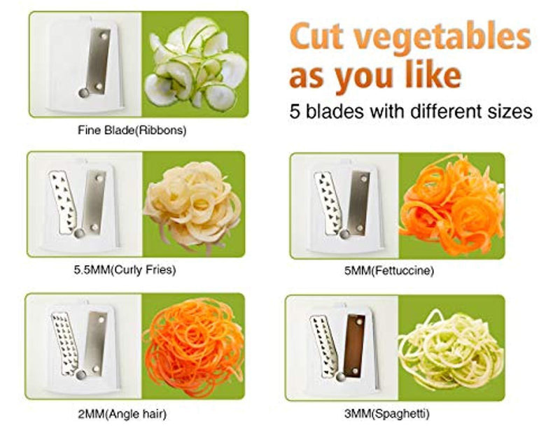 Vegetable Spiralizer Vegetable Slicer with 5 Blades- Zucchini Spaghetti Maker Zoodle Maker Veggie Pasta Maker, Strongest and Heaviest-Duty Mandoline Slicer with Container, Lid, Brush