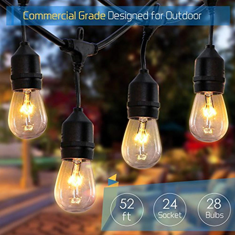 52 ft Outdoor String Lights Commercial Grade Weatherproof - 28pack 11W Incandescent Bulbs Included - UL Listed Heavy Duty - 24 Hanging Sockets - Perfect Patio Lights Bistro Market Cafe Lights