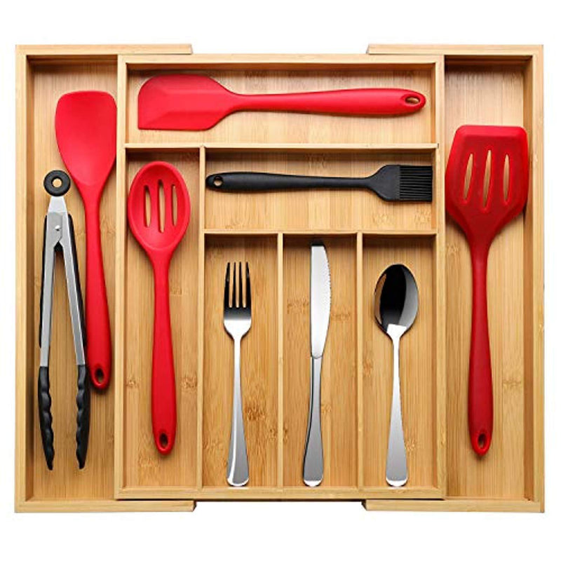 Kitchen Drawer Organizer, BAYKA Expandable Silverware Tray, 100% Pure Bamboo Drawer Dividers, Cutlery & Utensils & Flatware & Stationery Organizer with 4 Cushioning Pasters Fit Snugly into Any Drawer