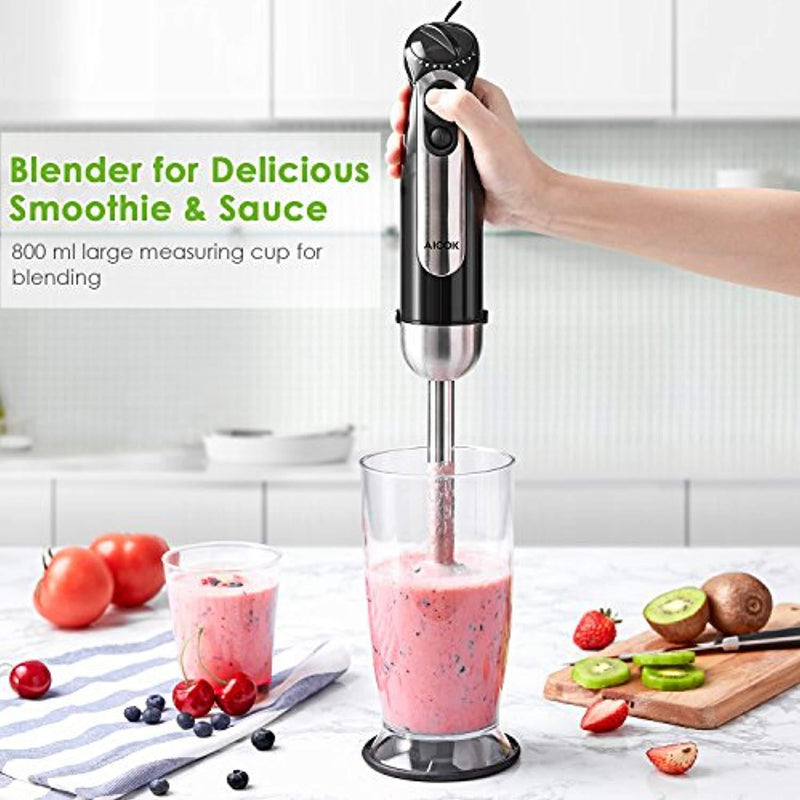 Immersion Blender, Aicok 4-in-1 Hand Blender, Stick Blender with 5 Speed Control, Powerful Hand Mixer Sets Include Chopper, Whisk, No BPA Beaker (800ML), Stainless Steel - Black