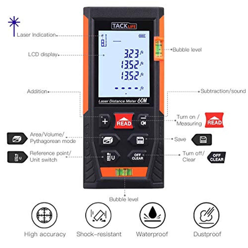 Tacklife HD60 Classic Laser Measure 196Ft M/In/Ft Mute Laser Distance Meter with 2 Bubble Levels, Backlit LCD and Pythagorean Mode, Measure Distance, Area and Volume - Carry Pouch and Battery Included