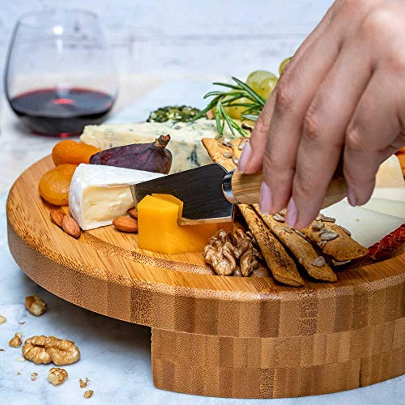 Bamboo Cheese Board with Cutlery Set - Bamboo Cheese Board Set with Slide Out Drawer - Bamboo Cheese Board and Knife Set (4 Cheese Knives Included) by blauKe