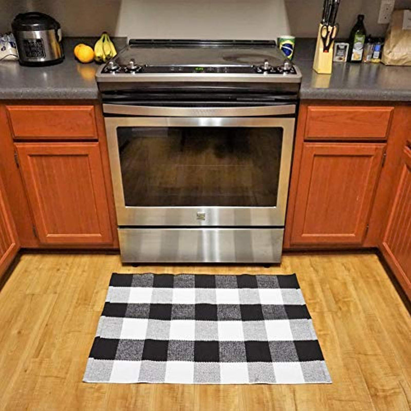 Cotton Buffalo Plaid Rugs Black and White Checkered Rug Welcome Door Mat (23.6"x35.4") Rug for Kitchen Carpet Bathroom Outdoor Porch Laundry Living Room Braided Throw Mat Washable Woven Buffalo Check