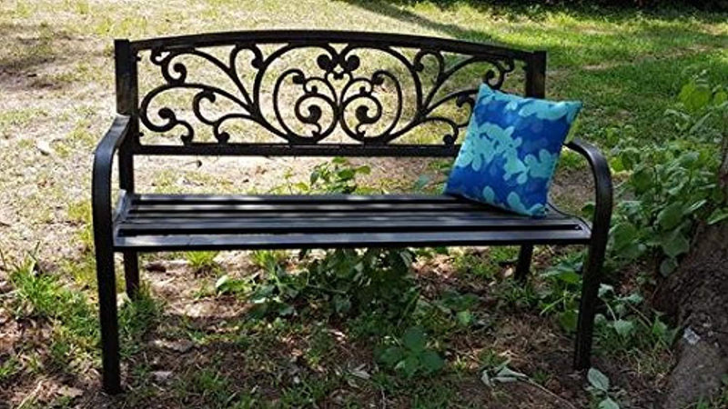 Powder Coated 33.5 x 24 x 50.5-Inch Cast Iron Outdoor Patio Bench with Ivy Design Backrest, Black
