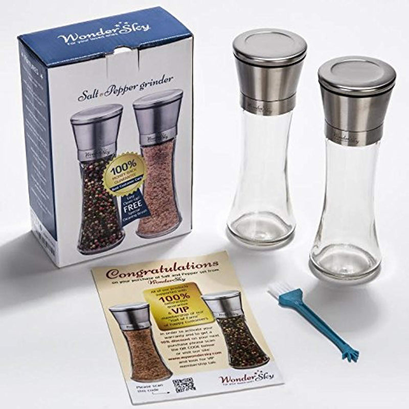 Salt and Pepper Grinder Set of 2 - Tall Salt and Pepper Shakers with Adjustable Coarseness by Ceramic Rotor - Stainless Steel Pepper Mill Shaker and Salt Grinders Mills Set with FREE Cleaning Brush by Wonder Sky