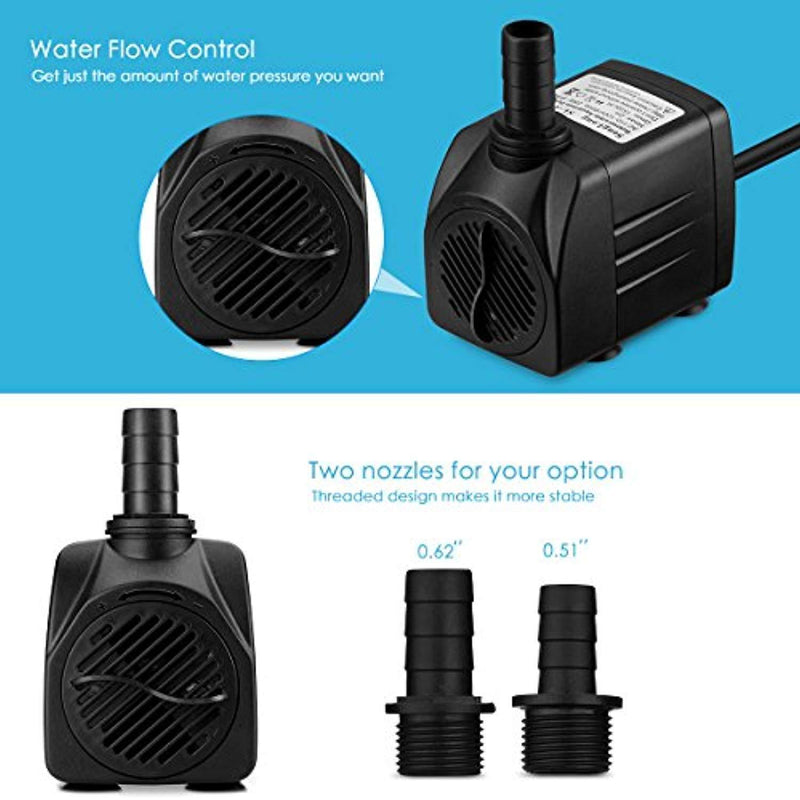 Homasy 400GPH Submersible Pump 25W Ultra Quiet Fountain Water Pump with 5.9ft Power Cord, 2 Nozzles for Aquarium, Fish Tank, Pond, Hydroponics, Statuary