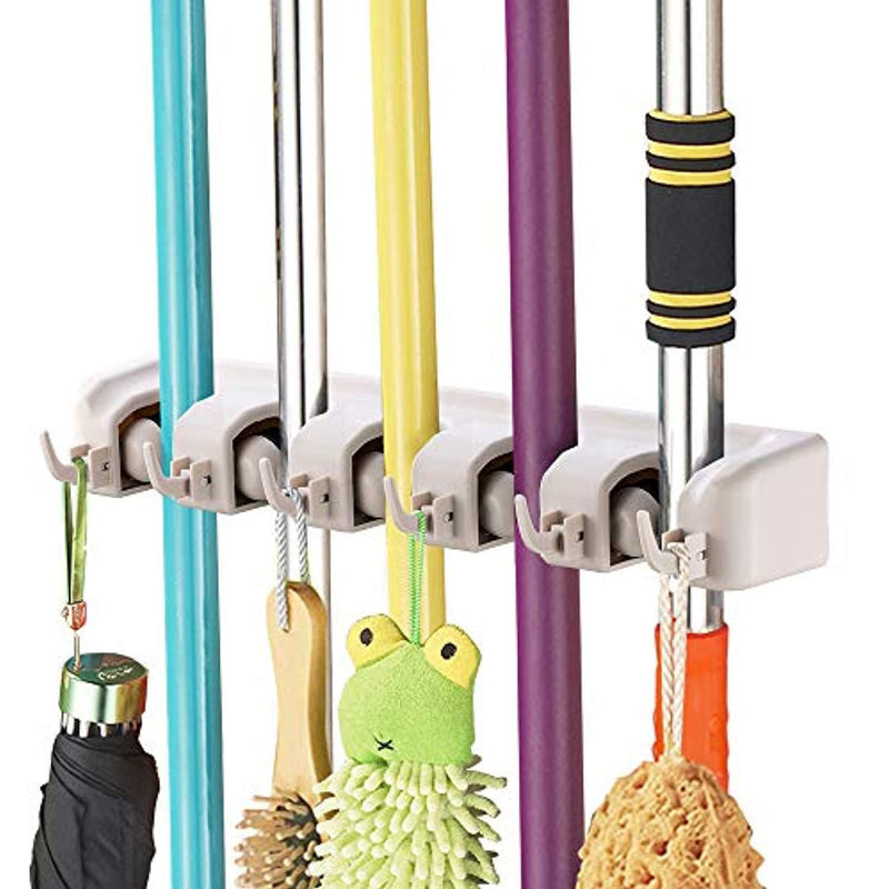 Imillet Mop and Broom Holder, Wall Mounted Organizer-Mop and Broom Storage Tool Rack with 5 Ball Slots and 6 Hooks (Gray) (One Pack)