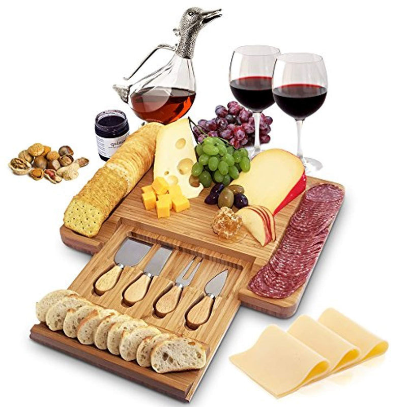 100% Natural Bamboo Cheese Board and Cutlery Set with Slide-out Drawer. Serving Tray for Wine, Crackers, Charcuterie. Perfect for Christmas, Wedding & Housewarming Gifts.