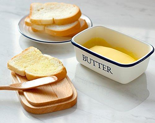 SveBake Butter Dish - Enamel Butter Boat with Beechwood Lid, White
