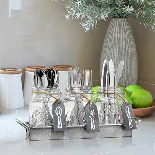 3 Glass Mason Jars with Black Chalk Label - 17 Ounces Clear Chalkboard Mugs on Galvanized Caddy with Handle - Home and Party Drinkware Set, Utensil Organizer, Vintage Rustic Decor Set