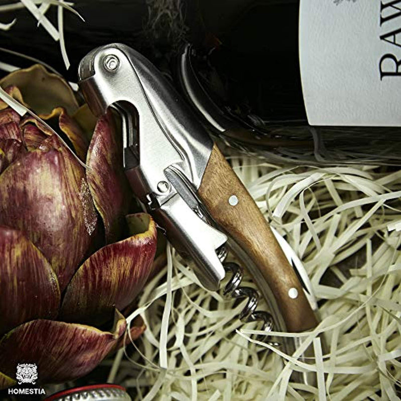 Waiters Corkscrew Stainless Steel 3-in-1 Wine Bottle Opener Double Hinged Wine Key Burl Wood Handle, Foil Cutter, Corkscrew Worm, Cap Opener by Homestia