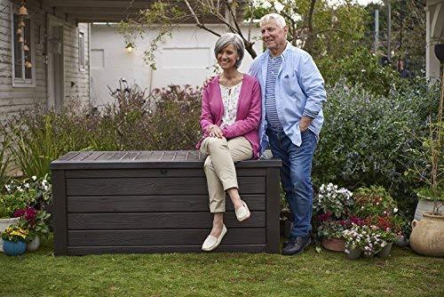 Keter Westwood Plastic Deck Storage Container Box Outdoor Patio Garden Furniture 150 Gal, Brown