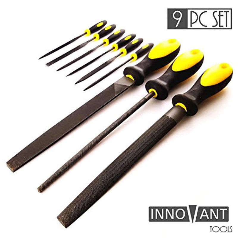 INNOVANT 9 Piece Premium Grade High Carbon Hardened Steel File Set W/ Comfortable Rubber Hand Grip Handles - Round Rasp Half Round Flat & Needle Files Best For Shaping Wood / Metal & Sharpening Tools