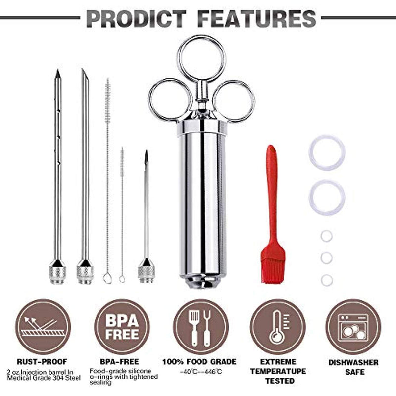 Upgraded Meat Injector Kit, Premium Medical Grade Stainless Steel Meat Syringe Kit with Marinade Needles, Spare O-Rings, Cleaning Brushes & Free Basting Brush - Great Tender, Juicy, Melt in your Mouth