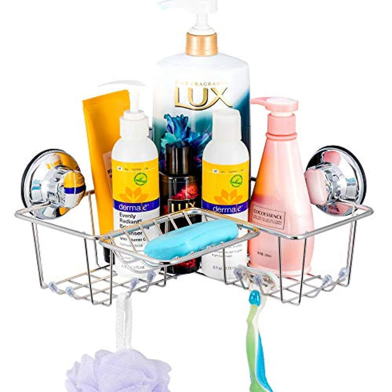 iPEGTOP Suction Cup Corner Shower Caddy Bath Shelf - Combo Organizer Basket Holder with Soap Dish and 8 Hooks - Rustproof Stainless Steel for Bathroom Storage