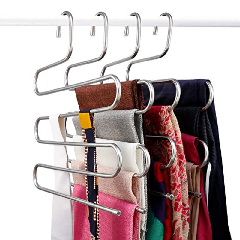 Elover Pants Hangers [4 Pack] S-Type Stainless Steel Multi Layers Jeans Hangers, Multi-Purpose Closet Storage Organizer for Pants Jeans Tie Scarf Towel Clothes, Space Saving Storage Rack