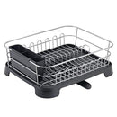 mDesign Large Kitchen Countertop, Sink Dish Drying Rack with Removable Cutlery Tray and Drainboard with Adjustable Swivel Spout - 3 Pieces, Silver Wire/Black Plastic Cutlery Caddy and Drainboard