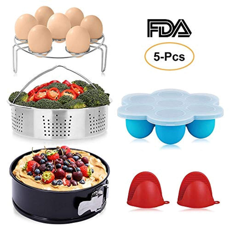 BAYKA Instant Pot Accessories Set with Stainless Steel Steamer basket, Non-stick Springform Pan, Egg Bites Molds, Steamer Rack, Mini Mitts, Fits 6,8 Qt Instant Pot, Ideal 5 pcs Set for Pressure Cooker