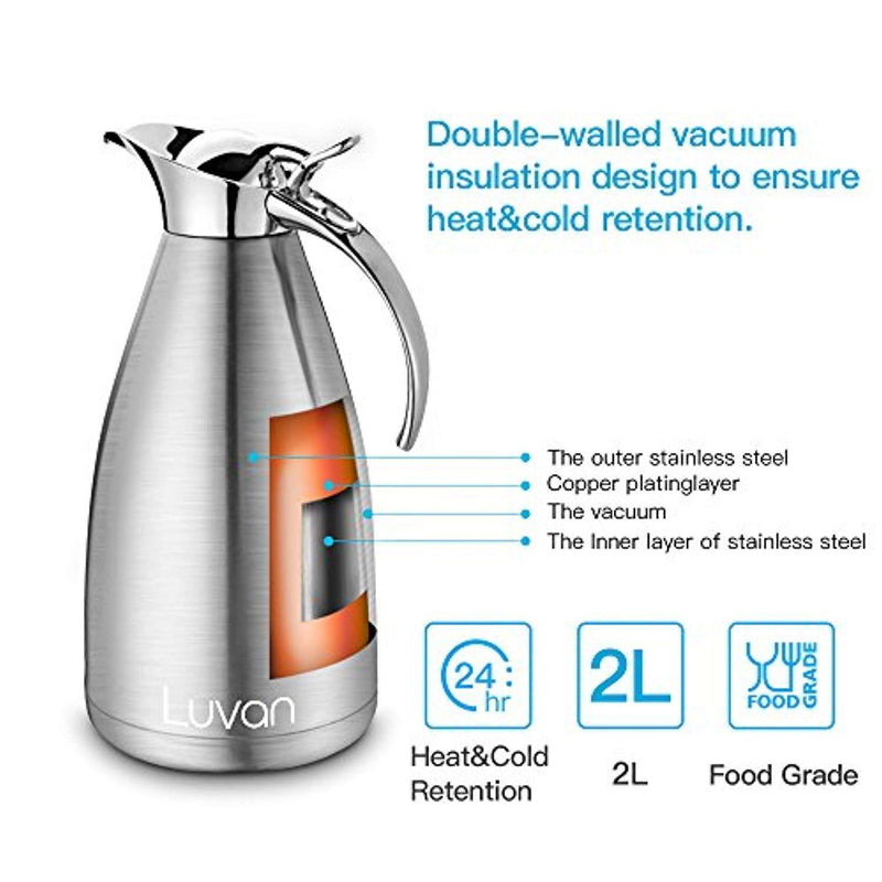 Luvan 68 oz 304 18/10 Food-grade Stainless Steel Thermal Carafe/Double Walled Vacuum Insulated Coffee Pot with Press Button Top,24+ Hrs Heat&Cold Retention,BPA Free,for Coffee,Tea,Beverage etc (68 oz)