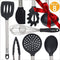 Silicone Kitchen Serving Utensil Set - Stainless Steel Metal and Black Utensils Including Tongs Spoons Spatula Ladle Whisk and Frosting Spatula Professional Nonstick Safe Modern Cooking Tools