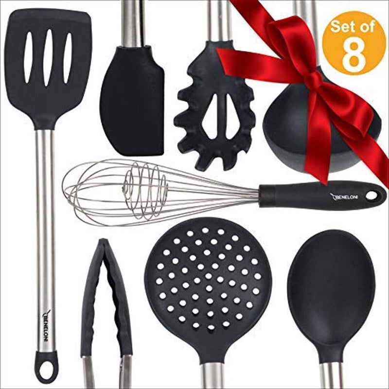 Silicone Kitchen Serving Utensil Set - Stainless Steel Metal and Black Utensils Including Tongs Spoons Spatula Ladle Whisk and Frosting Spatula Professional Nonstick Safe Modern Cooking Tools by Beneloni