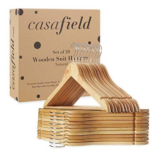 Casafield - 20 Walnut Wooden Suit Hangers - Premium Lotus Wood with Notches & Chrome Swivel Hook for Dress Clothes, Coats, Jackets, Pants, Shirts, Skirts