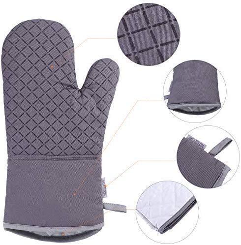 KeShi Kitchen Oven Mitts Set, Oven Mitts and Pot Holders, Heat Resistant with Quilted Cotton Lining, Non-Slip Surface 4 Pieces for Cooking, Baking, Grilling, Barbecue (Gray)