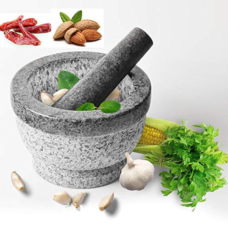 SZUAH Solid Granite Mortar and Pestle Set, Natural Excellent Granite Grinder Set, for Spices, Seasonings, Pastes, Pesto and Guacamole (6", 2 Cup Capacity)