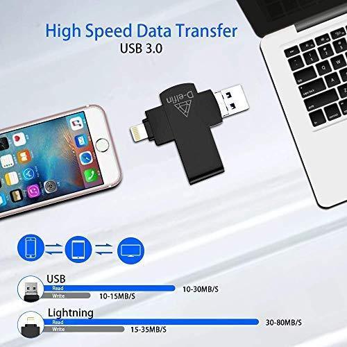 D-elfin Photo Stick for iPhone USB Flash Drive Memory Stick Backup Drive iOS Pendrive 128GB Photostick Mobile for External Storage iPad USB 3.0 iPhone OTG Android Type C iPhone Jump Drive (Black)