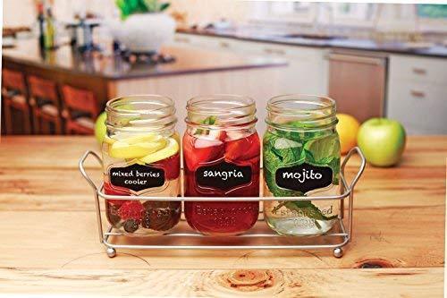 3 Glass Mason Jars with Black Chalk Label - 17 Ounces Clear Chalkboard Mugs on Galvanized Caddy with Handle - Home and Party Drinkware Set, Utensil Organizer, Vintage Rustic Decor Set