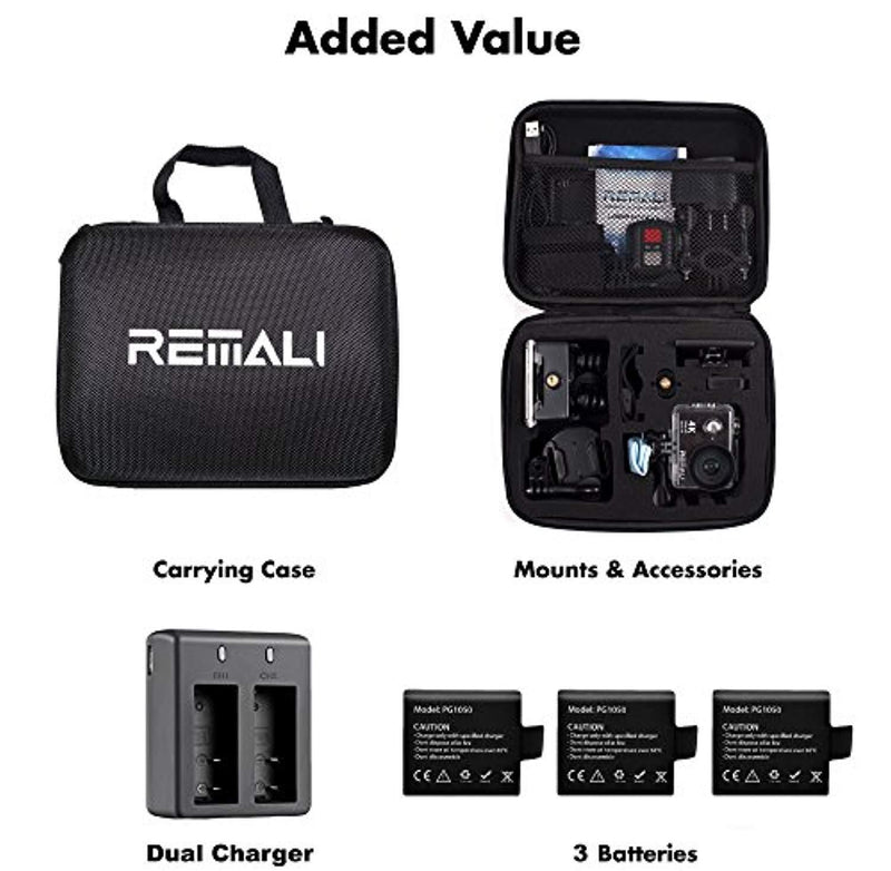 REMALI 4K Ultra HD Sports Action Camera, 1080P@60fps, 12MP, WIFI, Waterproof 30m, 2.4G Remote, 170° Wide Angle, 2” HD LCD Screen, 6 Layer Lens, Extra Battery, Charger, Carrying Case, Accessories