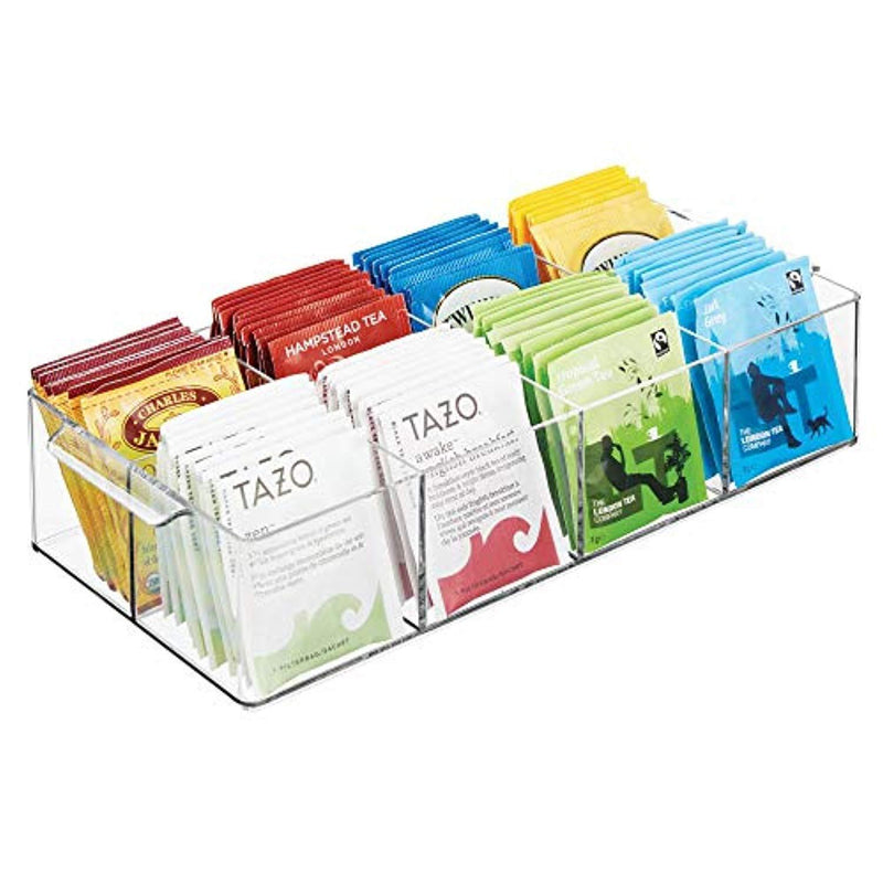 mDesign Compact Plastic Tea Storage Organizer Caddy Tote Bin - 8 Divided Sections, Built-in Handles - Holder for Tea Bags, Small Packets, Sweeteners - BPA free - Clear