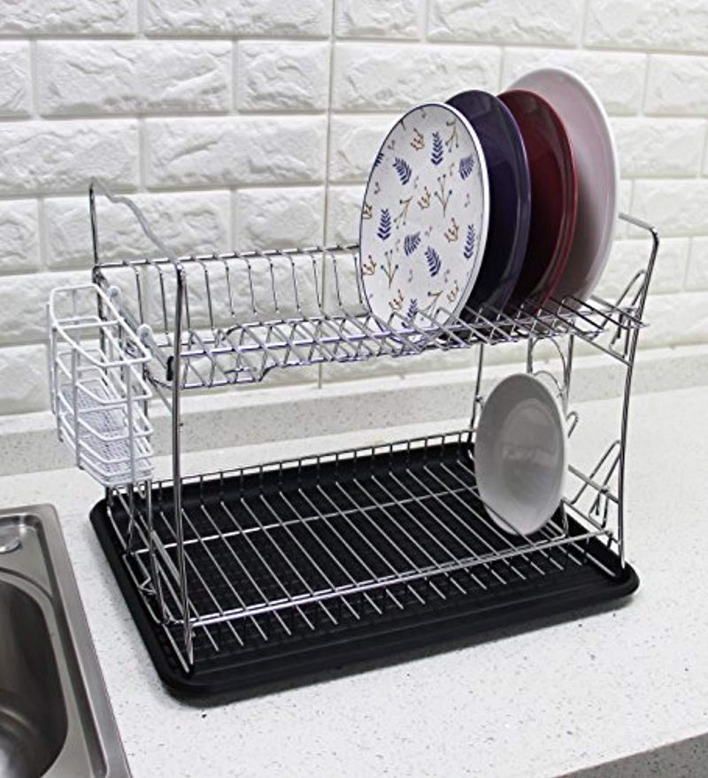 IZLIF 2-Tier Chrome Finish Dish Drying Rack Set and Drainboard with Removable White Utensil Holder