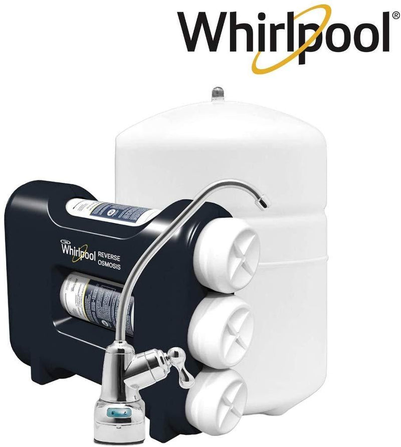 Whirlpool WHAROS5 Reverse Osmosis (RO) Water Filtration System With Chrome Faucet | Extra Long Life | Easy To Replace UltraEase Filter Cartridges, 14" deep x 13" wide x 15 inches tall, Blue