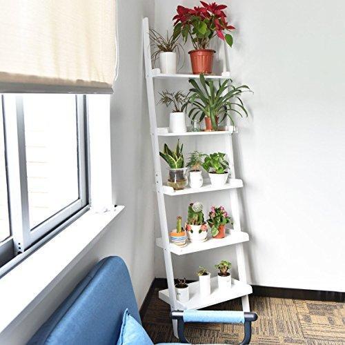 LEAN ON US Tangkula Ladder Bookcase 5-Tier Wood Leaning Shelf Wall Plant Shelf Ladder for Home Office Modern Flower Book Display Shelf Storage Rack Stable A-Frame Wooden Ladder Shelf (Black)