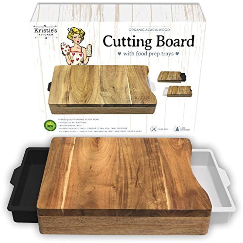 Cutting Board with Trays - Organic Acacia Wood Butcher Block with 2 Containers White Black - Naturally Antimicrobial - For Meat Vegetables Bread or Cheese Board by Kristie's Kitchen