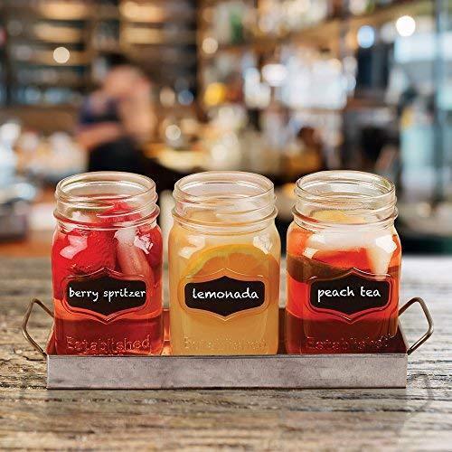 3 Glass Mason Jars with Black Chalk Label - 17 Ounces Clear Chalkboard Mugs on Galvanized Caddy with Handle - Home and Party Drinkware Set, Utensil Organizer, Vintage Rustic Decor Set