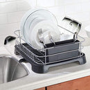 mDesign Large Kitchen Countertop, Sink Dish Drying Rack with Removable Cutlery Tray and Drainboard with Adjustable Swivel Spout - 3 Pieces, Silver Wire/Black Plastic Cutlery Caddy and Drainboard