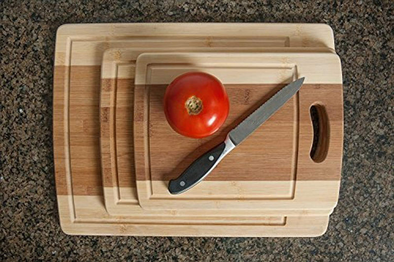 CC Boards 3-Piece Bamboo Cutting Board Set: Wooden butcher block boards with juice groove and handle; Slice veggies, bread or meat; great for serving cheese and crackers