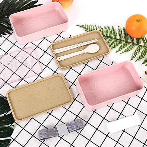 Buringer Lunch Bento Box Food Storage 2 Square Containers for Adults School Work Wheat Grass BPA Free Leak Proof with Chopsticks and Spoon (Long Khaki)