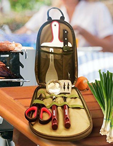 Wealers Camp Kitchen Utensil Organizer Travel Set Portable BBQ Camping Cookware Utensils Travel Kit Water Resistant Case|Cutting Board|Rice Paddle|Tongs|Scissors|Knife and Bottle Opener