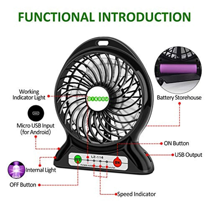 YOULANDA Battery Operated Fan, Personal Handheld USB Fan, Portable, Rechargeable, 3 Speeds, 2600 mAh Battery, Small Desk Fan with Internal and Side Light, Cooling for Travel,Camping, Boating,Fishing