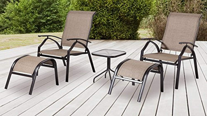 Backyard Classics Astoria 5-Piece Patio Seating Set with Adjustable Sling Chair, Ottomans and Glass Table Top