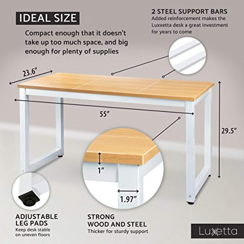 Luxxetta Office Computer Desk – 55” x 23” Beige Laminated Wooden Particleboard Table and White Powder Coated Steel Frame - Work or Home – Easy Assembly - Tools and Instructions Included