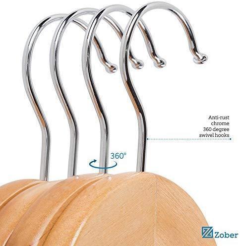 Zober Solid Wood Suit Hangers - 20 Pack - with Non Slip Bar and Precisely Cut Notches - 360 Degree Swivel Chrome Hook - Natural Finish Super Sturdy and Durable Wooden Hangers