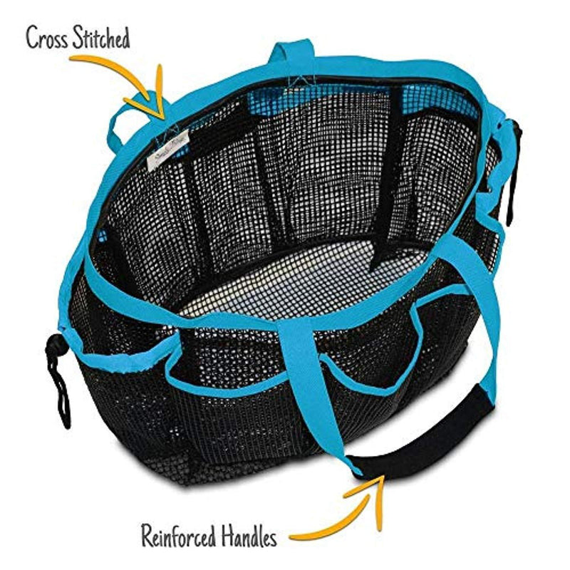 Simply Things Mesh Shower Caddy and Bath Bag Organizer with 9 Storage Compartments and Two Strong Reinforced Handles, This Mesh Shower Bag is Quick Drying for Dorm, Gym, Camping, or Travel - (Blue)